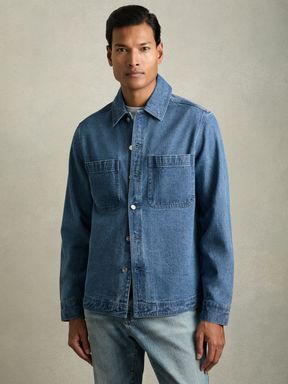 Light Blue Wash Reiss Tore Cotton-Denim Button-Through Overshirt