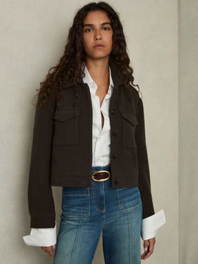 Mocha Brown Reiss Nova Wool-Blend Cropped Jacket