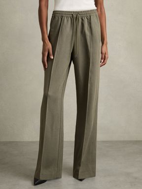 Khaki Reiss Sunnie Wide-Leg Drawstring Trousers