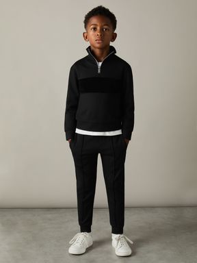 Black Reiss Selin Slim Fit Half-Zip Funnel Neck Velour Sweatshirt