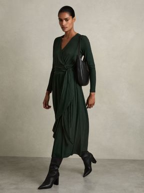 Green Reiss Madeline Jersey Wrap-Tie Midi Dress