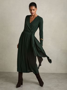 Green Reiss Madeline Jersey Wrap-Tie Midi Dress