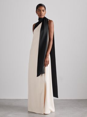 Black/Ivory Reiss Isobel Atelier Sash-Neck Satin Occasion Dress