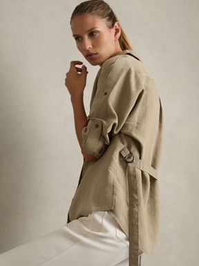 Khaki Reiss Dinah Modal-Blend Woven Pinstripe Shirt