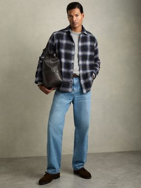 Navy Multi Reiss Crosby Check Patch-Pocket Overshirt With Wool