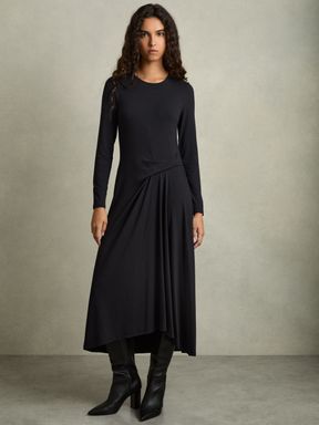 Navy Reiss Ivy Jersey Draped Midi Dress