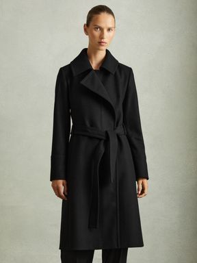 Black Reiss Rae Wool Blend Belted Double Breasted Coat With Cashmere