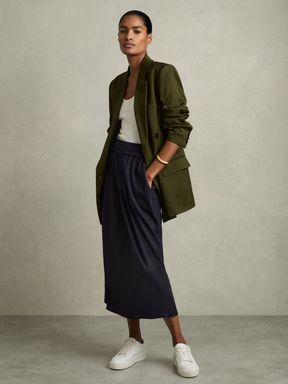 Navy Reiss Nora Wool-Blend Ruched Jersey Midi Skirt