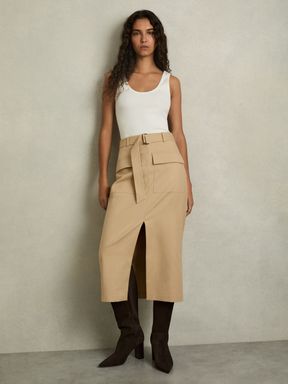 Camel Reiss Oakley Cargo Pencil Skirt With Cotton