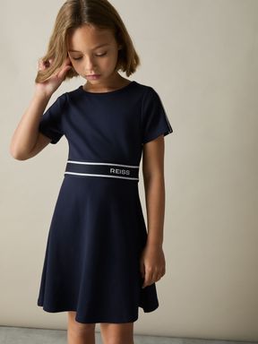 Navy Reiss Lowri Interlock-Jersey Logo-Waistband Dress