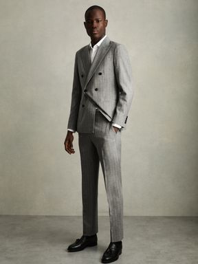 Soft Grey Reiss Lab Pinstripe Suit Trousers in Wool-Blend Slim-Fit