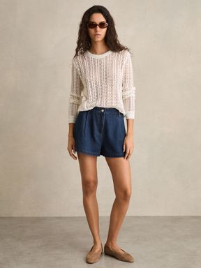 Mid Blue Reiss Raymond Denim Pleated Shorts