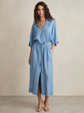Blue Reiss Cecilia Shirred-Waist Midi Shirt Dress