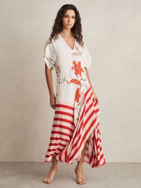 Ivory/Red Reiss Alicia Floral Stripe-Print Maxi Dress