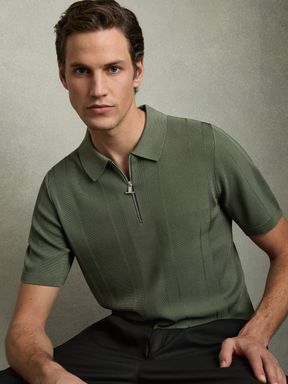 Herb Green Reiss Bart Half-Zip Textured-Knit Polo Shirt