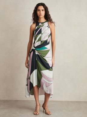 Green Reiss Avia Geometric-Print Gathered Midi Dress