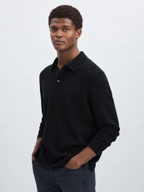 Dark Navy Paige Merino Wool Cotton Polo Jumper