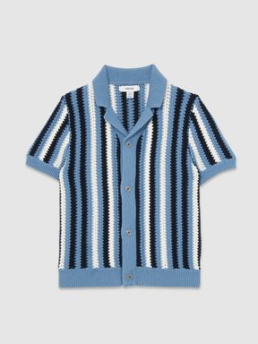 Airforce Blue Reiss Carrington Cotton Crochet Stripe Cuban Shirt