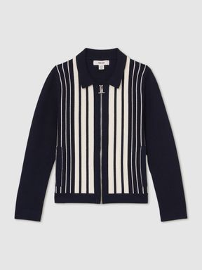 Navy/White Reiss Ambient Striped Zip-Through Knit Overshirt