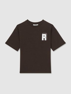 Chocolate Brown/Off White Reiss Manny 100% Cotton Block-Logo Oversized T-Shirt