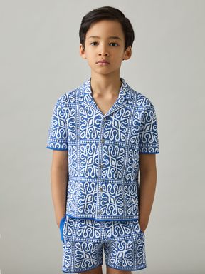 Blue/White Reiss River Tile Pattern Knit Shirt