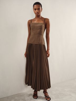 Brown Acler Linen Blend Pleated Midi Brown Dress