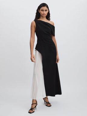 Black/Cream Sudden Midi Dress with Contrast Skirt