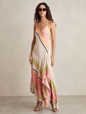 Pink/Green Reiss Hallia Stripe-Print Handkerchief Maxi Dress