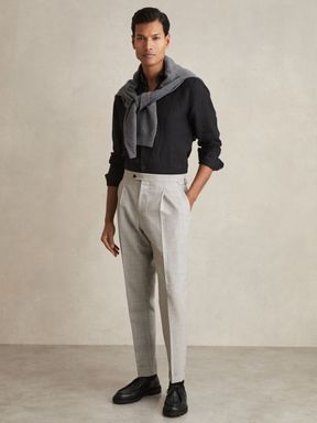 Soft Grey Melange Reiss Tecnic Wool-Linen Check Tapered Trousers