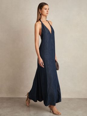 Indigo Reiss Rachel Denim Halterneck Maxi Dress
