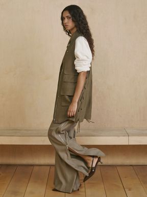 Sage Green Reiss Elyn Wide Leg Side Zip Trousers