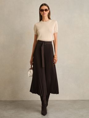 Chocolate Brown Reiss Ava Pleated Belted Midi Skirt