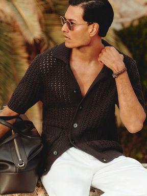 Chocolate Brown Reiss Amir Crochet Button-Through Shirt