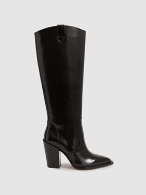 Black Paige Leather Knee-High Block-Heel Boots