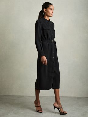 Black Reiss Isla Twill Belted Shirt Dress