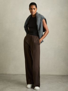 Chocolate Brown Reiss Lucia Wide-Leg Elasticated-Waistband Trousers