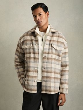 Oatmeal Reiss Mellish Brushed Wool-Blend Check Overshirt