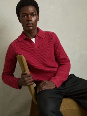 Red Reiss Kingston Rib Knit Open Collar Polo Shirt