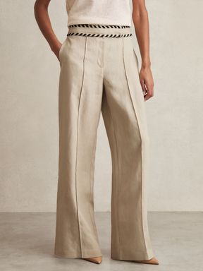 Neutral Reiss Fawn Linen Wide-Leg Whipstitch Trousers