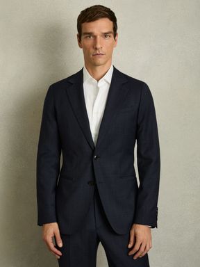 Navy Reiss Hatch Wool-Blend Single-Breasted Textured Blazer
