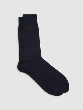 Navy/Chocolate Reiss Penn Cotton-Blend Logo-Embroidered Socks