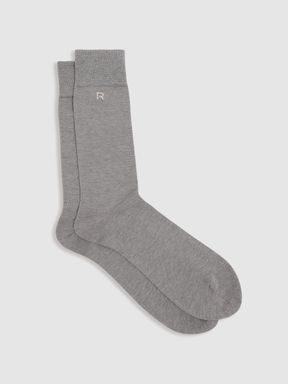 Mid Grey/Oatmeal Reiss Penn Cotton-Blend Logo-Embroidered Socks