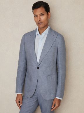 Airforce Blue Reiss Warner Linen Single-Breasted Suit Blazer Slim-Fit
