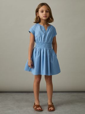 Blue Reiss Lena Cotton Cap-Sleeve Ruched Dress