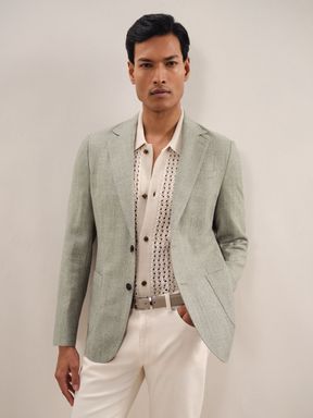 Sage Green Reiss Stack Slim-Fit Single-Breasted Wool-Blend Textured Blazer