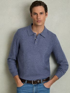 Soft Blue Reiss Kingsley Wool Textured Long Sleeve Polo Shirt