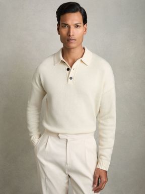 Off White Reiss Jacob Wool Blend Long Sleeve Polo Shirt