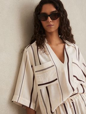 White/Brown Reiss Carlotta Stripe-Print Relaxed V-Neck Shirt