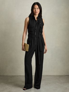Black Reiss Carina Utility Zip Through Jumpsuit With Linen
