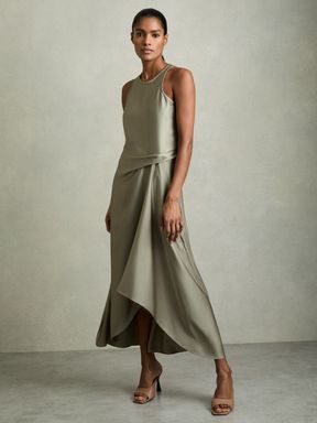 Khaki Reiss Micah Satin Drape Tuck Midi Dress